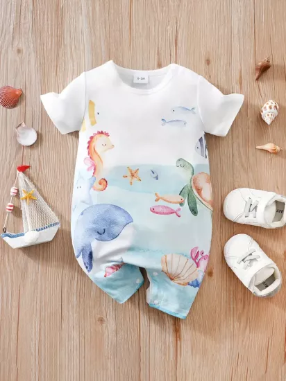 Deniz Altı Desenli Kısa Kollu Çıtçıtlı Bebek Tulum – Kısa Kollu Yazlık Body (9-12 Ay)