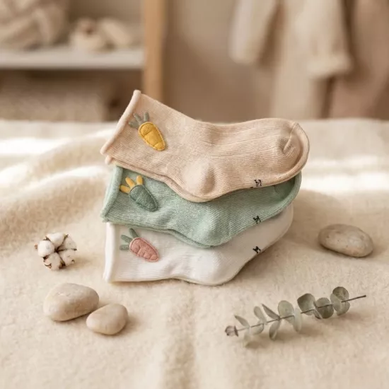 3’lü Set: Havuç Figürlü Pamuklu Bebek Çorabı – 1-2 Yaş (10-12 cm)