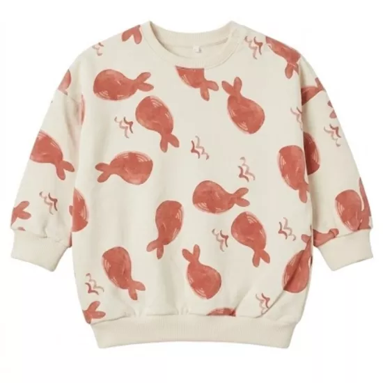 Unisex Balık Desenli Bebek Sweatshirt - Krem/Pas Rengi - 1-2 Yaş