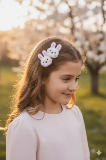 Tavşan Figürlü Çocuk Saç Tokası – Arkası Klipsli, Sevimli Peluş Toka Seti
